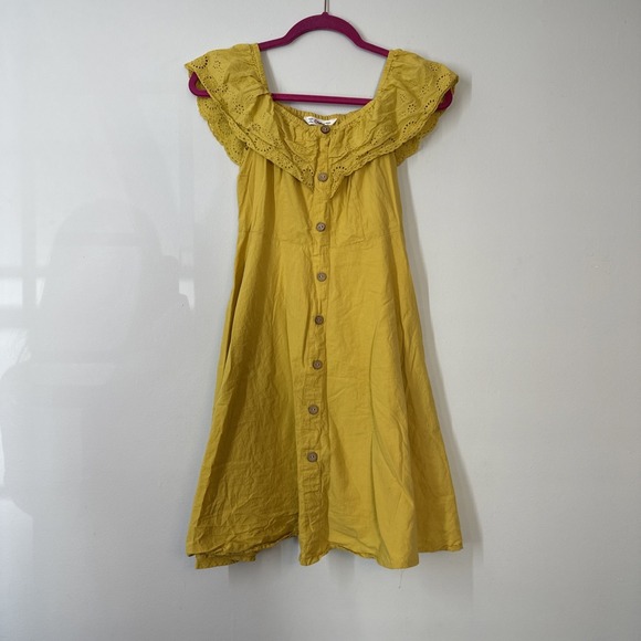 PatPat Dresses & Skirts - Yellow Off Shoulder‎ Linen Dress Button Front Ruffle Summer Boho Coastal Chic S